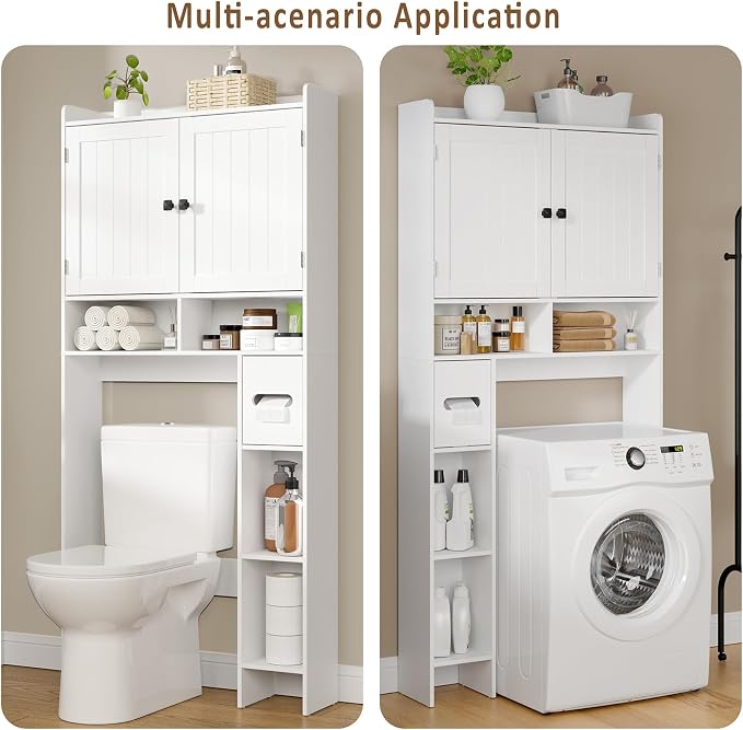 RRX Over The Toilet Storage Cabinet, Bathroom Above Organizer (Milky White) | Free Standing Toilet Rack with Adjustable Shelf and Open Storage, Double Doors, Space Saver, 30.7" L x 7.87 "W x 65.7 "H