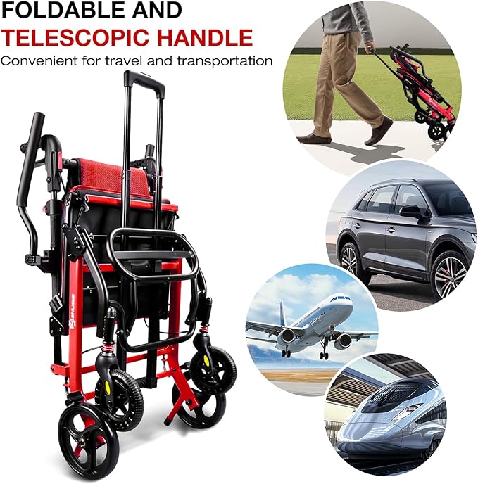 Wheelchairs for Adults Transport Chair Lightweight Foldable with Telescopic Handle, 18-Inch Seat Width Portable Folding Travel Wheel Chairs for Seniors