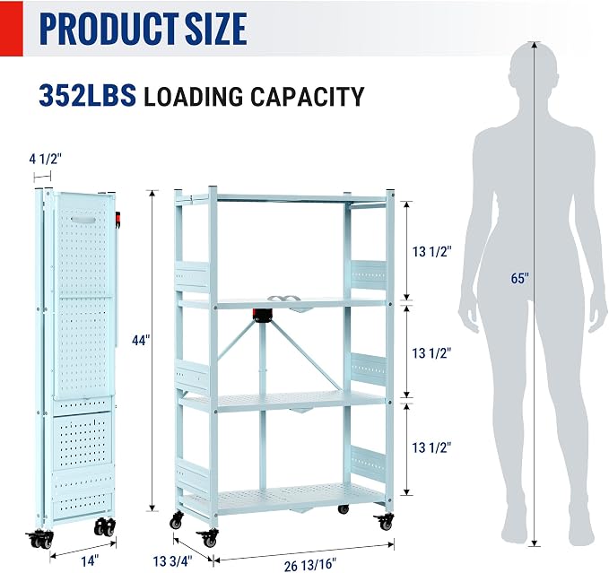 WORKPRO 4-Tier Folding Shelf, No-Assembly Metal Storage Rack with Wheels, 600 lbs Capacity (with Leveling Feet), Collapsible Shelving Unit for Kitchen, Pantry, Closet & Craft Shows - Blue