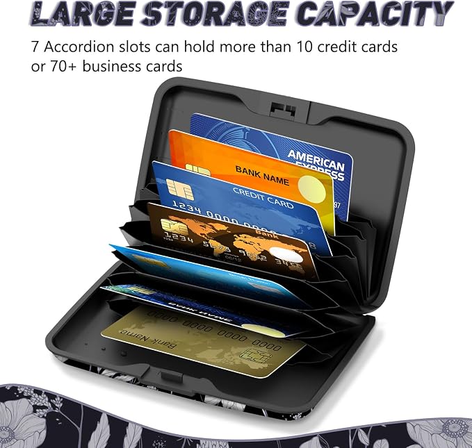 Credit Card Holder, Mini RFID Small Aluminum Card Wallet Business Card Case | Blocking Slim Metal RFID Blocking Front Pocket Wallet Hard Case Durable CC Holder for Women Girls, Black White Floral
