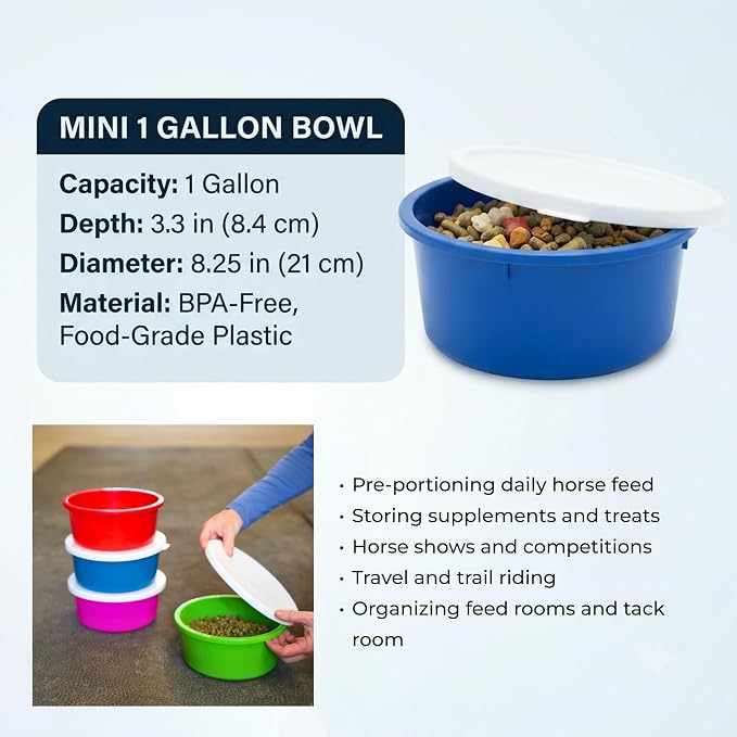 Correct Connect RCC Mini 1 Gallon Horse Feed Storage Bowl with Snap Lid, Feed Container for Treats and Supplements, BPA Free Food Grade Feed Bucket, Stackable (Pink)