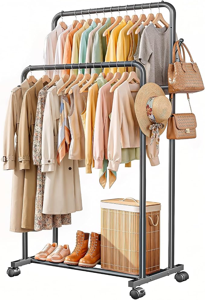 Delamu Clothes Rack Double Rods Clothing Racks for Hanging Clothes with Rolling Wheels, Hooks, Metal Garment Rack, Portable Wardrobe Coat Rack with Shelfs for Bedroom, Laundry Room, Black 65''Hx32''W