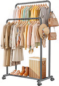 Delamu Clothes Rack Double Rods Clothing Racks for Hanging Clothes with Rolling Wheels, Hooks, Metal Garment Rack, Portable Wardrobe Coat Rack with Shelfs for Bedroom, Laundry Room, Black 65''Hx32''W