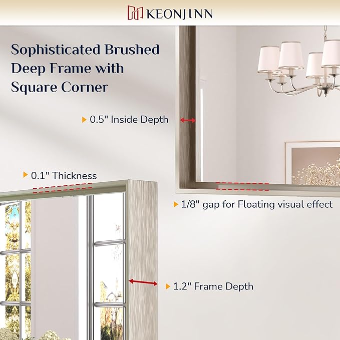 Keonjinn 48 x 30 in Brushed Nickel Bathroom Vanity Mirror, Rectangular Silver Metal Framed Wall-Mounted Mirror Square Corner Modern Farmhouse Rectangle Mirror for Over Sink(Horizontal/Vertical)