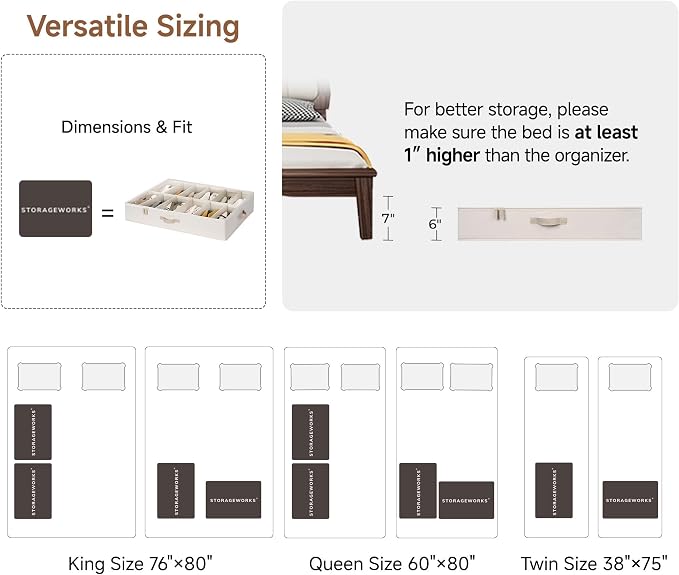 StorageWorks Underbed Shoe Storage Organizer, Fits up to 24 Pairs, Ivory | Cottlyn Fabric, Adjustable Dividers, 5.25" Height, Fits 6-inch+ Clearance, Clear Top, Soft Handles, For Closet, Bedroom