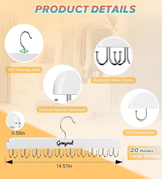 Gomyrod Tank Top Hanger, 2 Pack w/40 Hooks Bra Hanger for Closet Organizer | Premium Wood Space Saving Hanger, 360°Rotating Closet Organizers and Storage, Multi Hook Hanger for Dorm & Apartment, White