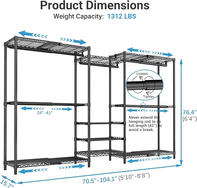 VIPEK X3S Expandable Closet System, Heavy Duty Freestanding Closet Organizer with Shoe Shelves, 5 Hanging Rods & 8 Adjustable Shelves, Fits 5.10 to 8.8 FT, Black