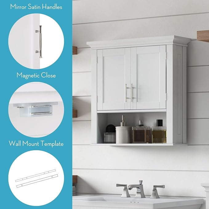 RiverRidge Somerset Two-Door Bathroom Wall Mount Medicine Cabinet, White | Open Display Shelf, Adjustable Interior Shelf, Two-Tone Handles, Space-Saving, Laundry Storage