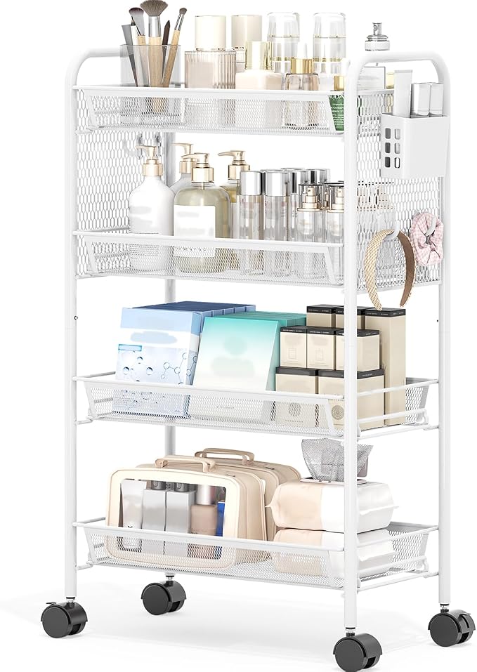 4 Tier Metal Rolling Utility Cart - Heavy Duty Storage Trolley with Pegboard, 4 Hooks & 1 Bin, Mobile Organizer Shelves for Bathroom Kitchen Office Craft Room Laundry