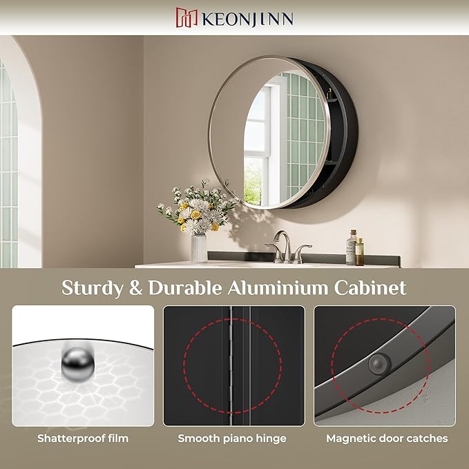 Keonjinn 24" x 24" Round Medicine Cabinet Mirror, Brushed Nickel Mirror Medicine Cabinet Wall Mounted, Circular Medicine Cabinets with Mirrors, Circle Framed Vanity Mirror with Storage