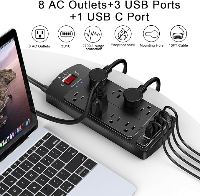 10 Feet Surge Protector Power Strip - Nuetsa Extension Cord with 8 Outlets and 4 USB Ports, Flat Plug, 2700 Joules, for Home, School, College Dorm Room, and Office, ETL Listed, Black