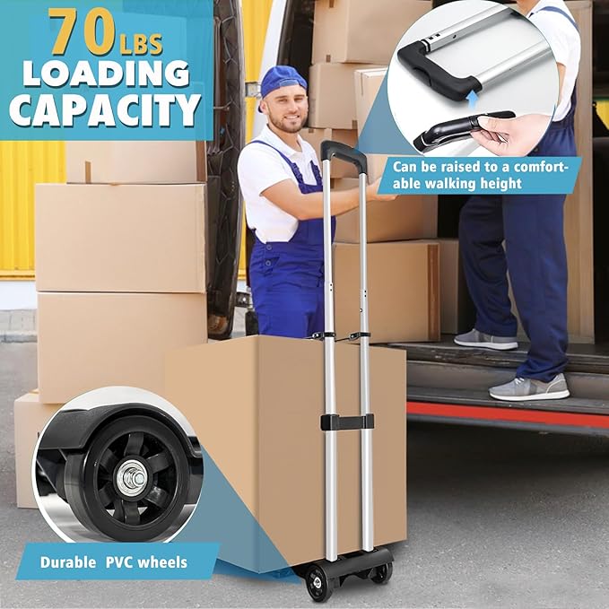 Folding Hand Truck 70 lbs，Small Dolly with 2 Wheels，Folding Luggage cart， Lightweight Aluminum Foldable Luggage Cart，for Airport,Travel,Moving and Office Use (Silver-Aluminum)