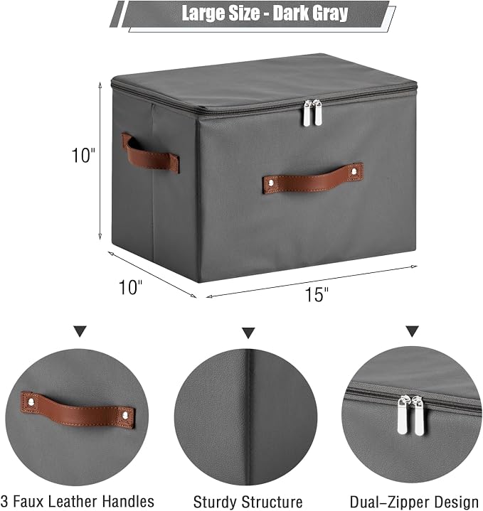 2PCS Storage Bins with Zipper Lid PU leather Storage Boxes Leather Fabric Collapsible Lidded Baskets Cube with Handle Decorative Shelves Closet Organizer Container(Dark Gray, Large Size)