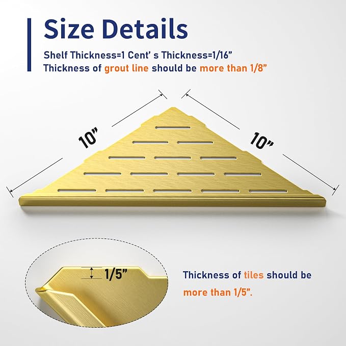 Corner Shower Shelf, 304 Stainless Steel Bathroom Shelf for Tiled Wall, Grout in Shelves (Gold, 10"-2 Pack)