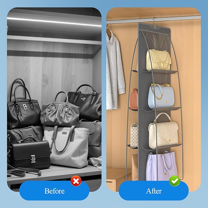 2 Packs 8 Pockets Grey Handbag Hanging Purse Organizer for Closet, Purse Storage, Purse Hanger and Handbag Organizer for Space Saving