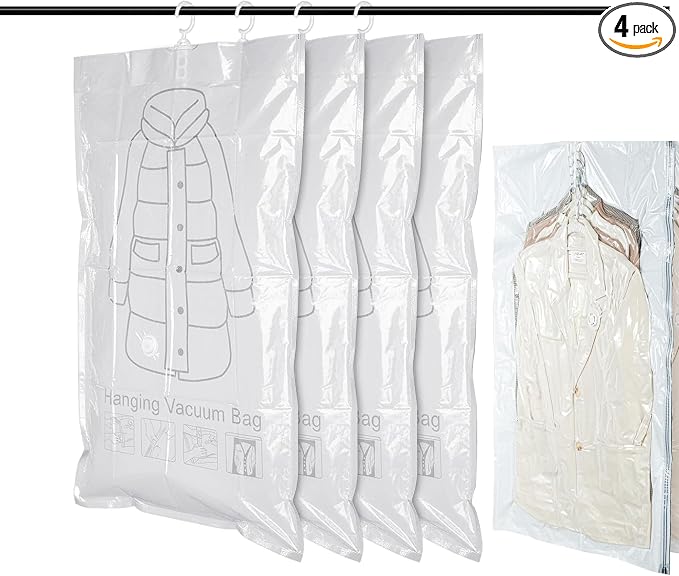 Yanhe Hanging Vacuum Storage, Clear,27x51 In/70x130cm,space bags,hanging vacuum storage bags,Clothing protection, dustproof and anti-aging protection to prevent wrinkles 4pcs,No electric pump(4 Jumbo)