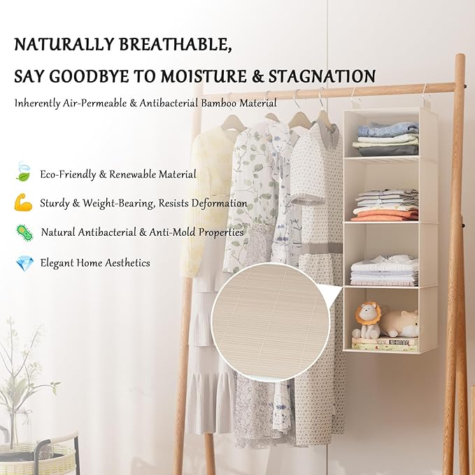 VERONLY Hanging Closet Organizer with Bamboo Shelves - Foldable Closet Storage for Baby Clothes, Towels, Scarves,Space Saving Shelves Organizer (White)