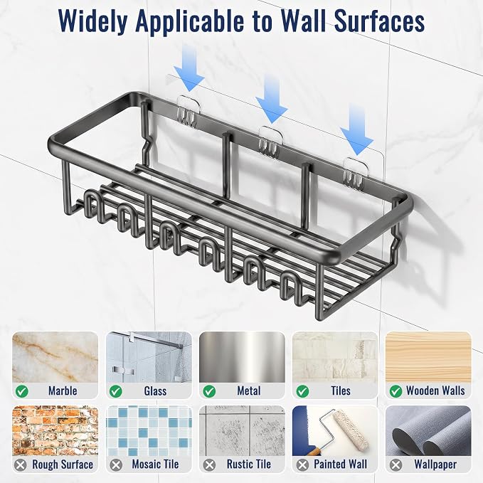 8 Pack Adhesive Rustproof Shower Caddy with Soap Dishes, Toothbrush Holder & Hooks, Large Capacity No-Drilling Shower Shelves Rack for Bathroom Organizers and Storage Accessories, Dark Gray