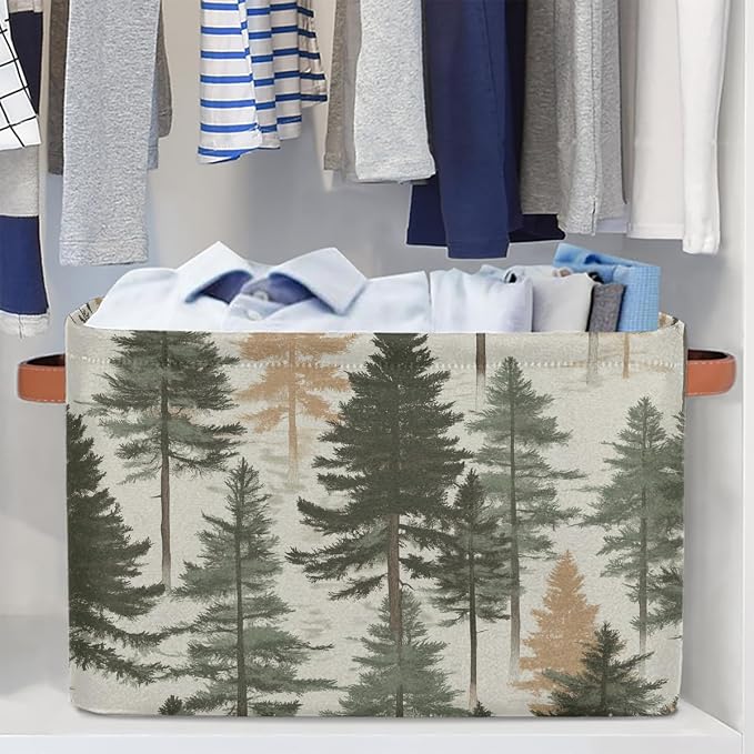 Rectangular Storage Bins Forest Pine Tree Pattern Collapsible Fabric Storage Basket Organizer with Handles for Nursery Bedroom Bathroom