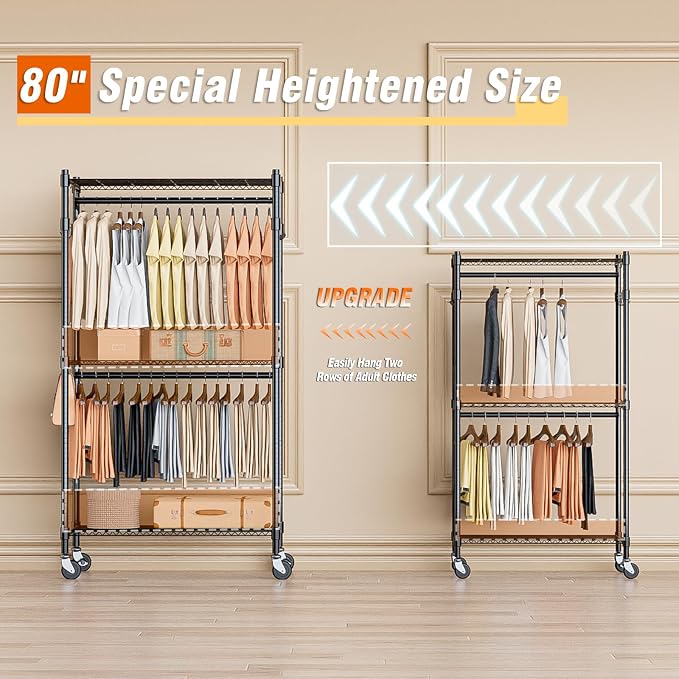 Homdox Heavy Duty Clothing Rack with 3 Tier Adjustable Wire Shelves, Garment Racks for Hanging Clothes, Double Rods Clothing Rack, Freestanding Closet Wardrobe with Side Hooks, Black