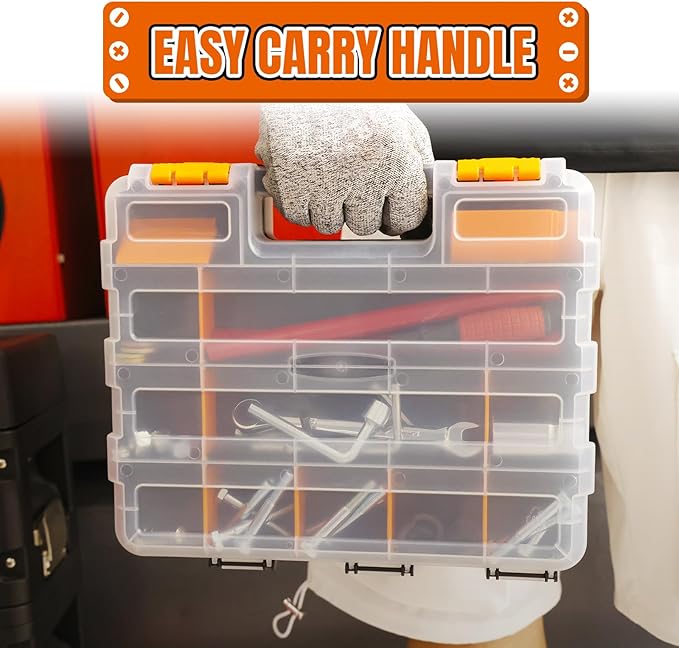 Jack Boss Tool Box with Transparent Lid, Double Side 34-Compartments Organizer Box with Removable Dividers for Hardware, Screws, Bolts, Nails, Beads, Jewelry and Fishing Accessories, Orange, 2 Pack