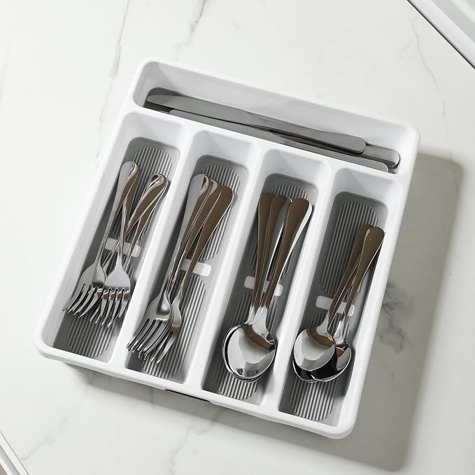 shopwithgreen Silverware Organizer with Cutlery Icons，Silverware Tray for Kitchen Drawer，Plastic Flatware Drawer Organizer Utensil Organizer with Non-slip TPR Linings，5-Compartment Silverware Caddy