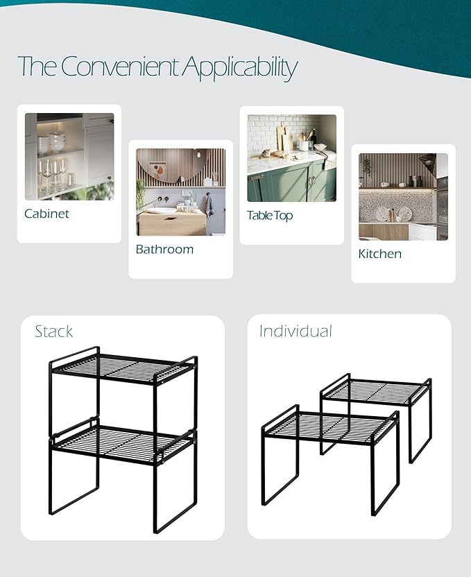 Shantton 2Pack Kitchen Cabinet Shelf Counter Organizer Rack Pantry Storage Bathroom Bedroom Office Table Desk Space Saving Stackable Rust Resistant Non Slip Black Tall Wide L13.1in W10.6in H9.5in
