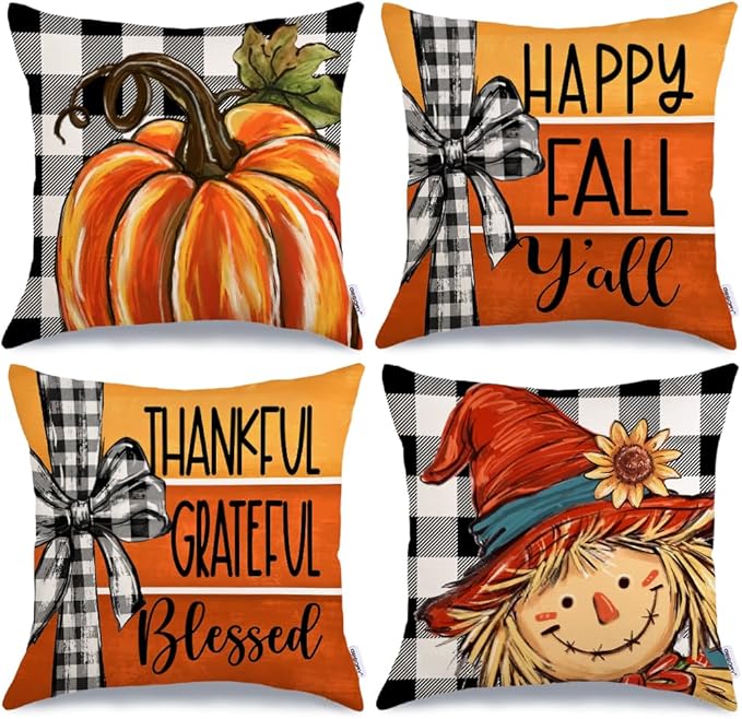 GEEORY Fall Throw Pillow Covers 16x16 Inch Set of 4, Pumpkin Scarecrow Buffalo Plaid Orange Autumn Seasonal Decorative Farmhouse Decoration for Home G563-16