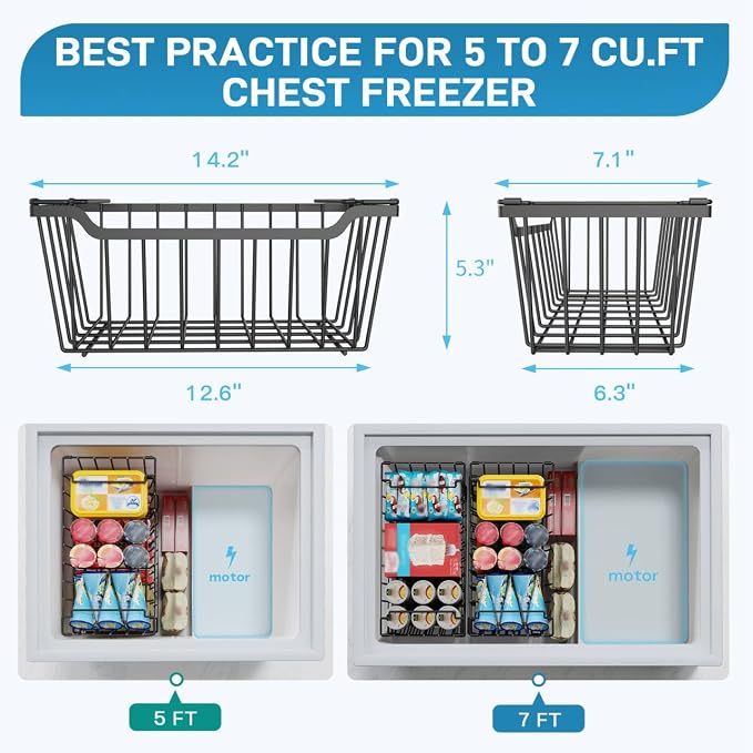 SUNALLY Freezer Organizer Bins, 4 Pack Stackable Chest Freezer Organizer for 5-7 Cu.FT Deep Freezer Sort Frozen Meats and Food, Freezer Storage Baskets with Handles Easy Reach from Bottom, Black