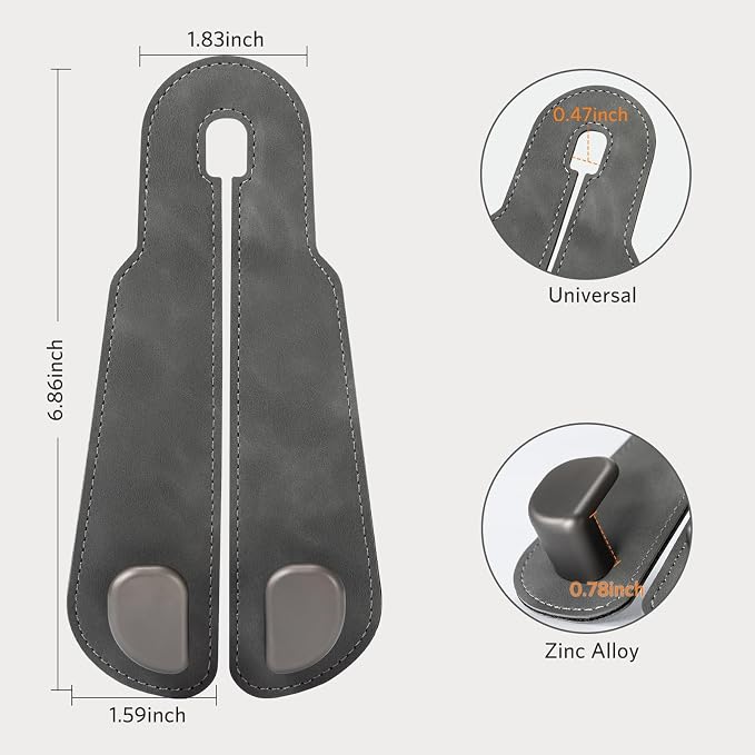 CoBak Purse Hook for Car - Universal Premium Stitched Leather and Aluminum-Magnesium Alloy Double Car Seat Back Storage Hook for Purses, Handbags, Bags (2 Pack),Gray