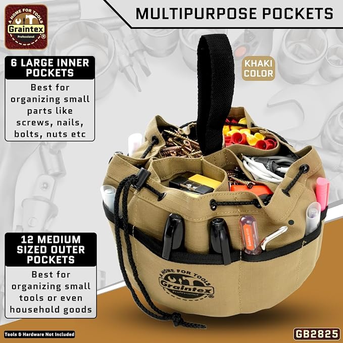 Graintex 18 Pocket Grab Bags Set of 3 Pcs Rip-Stop Canvas, Drawstring Closure, Small Parts Organizer Bag, Small Tools, Screws, Parts, Parachute Tool Bag, Parachute Tool Organizer for Essential Items