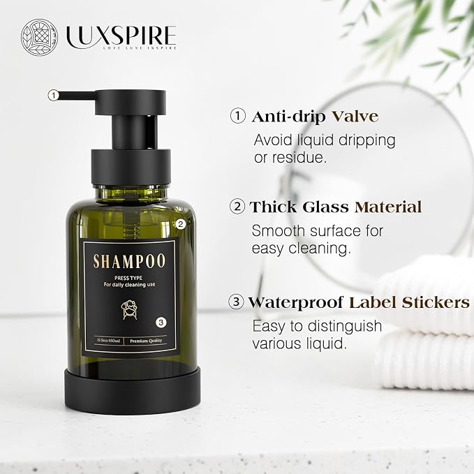 Luxspire Foaming Soap Dispenser, Glass Foam Pump Soap Dispenser, Non-Slip Hand Soap Container with 5 Waterproof Labels, 15 Oz Refillable Liquid Soap Holder for Bathroom & Kitchen, Olive Green, 2 Pack