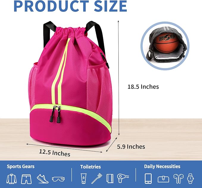 JELUTAR Drawstring Backpack Gym Bag with Shoes Compartment for Soccer, Basketball, Swim, Water-Resistant String Backpack Beach Cinch for Women Men, Rose