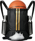 Black Gold Sports Drawstring Backpack with Shoes Compartment, String Gym Bag with Wet Proof Pocket for Basketball, Soccer, Swim, Sport Bag for Men and Women