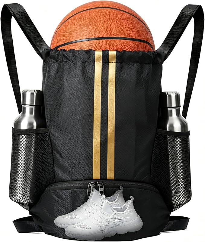 Black Gold Sports Drawstring Backpack with Shoes Compartment, String Gym Bag with Wet Proof Pocket for Basketball, Soccer, Swim, Sport Bag for Men and Women
