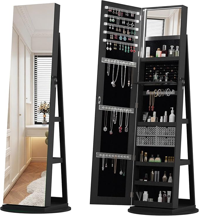 62" 360° Swivel Freestanding Storage Chest, Jewelry Cabinets with Interior Light, Utility Organizer with Lockable Design for Home Dressing, Black