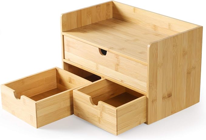 Bamboo Desk Organizer with Drawers, Desktop Storage for Office Supplies | 3 Drawers Desktop organizer, No Assembly Required, Natural Wood Wooden Desktop Drawers Box for Bills, Cosmetics, Seals, Paper