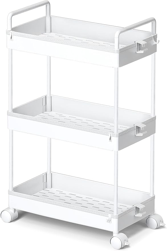 Ronlap 3 Tier Slim Rolling Storage Cart with Wheels Utility Organizer,White | For bathroom, laundry, kitchen, bedside & dorm. Fits art, craft, snack, makeup, nail, diaper & postpartum baby supplies