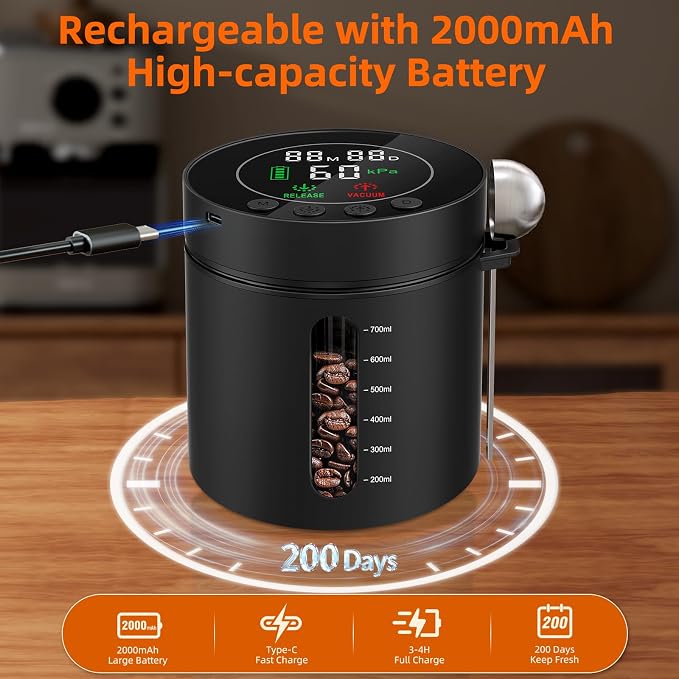 Automatic Vacuum Coffee Canister, 0.8L Coffee Container with Smart Pressure Sensor,LED Display,Window,Scoop Rechargeable Airtight Electric Coffee Bean Storage for Home Kitchen Ground Food Tea Storage