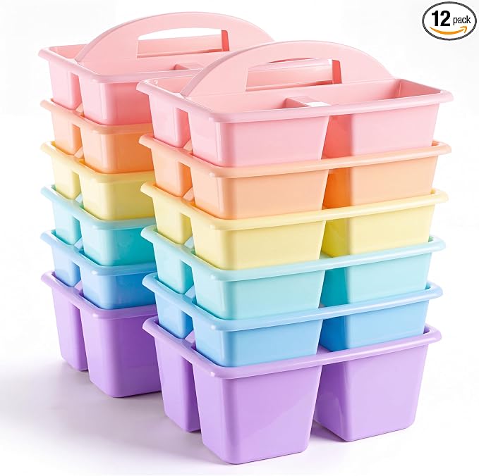 Kathfly 12 Pack Classroom Caddy Organizer with Handle, Plastic Art Craft Cleaning Caddy Bulk, Small Multipurpose Supply Organization Storage Basket for Table Desk Office Pencil Teacher (Macaron Color)