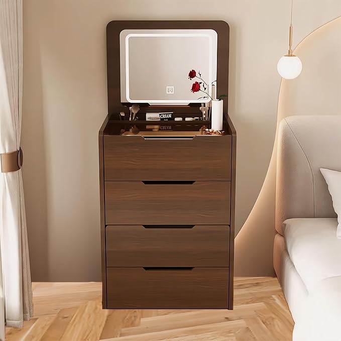 3 in 1 Vanity Desk with Mirror and Lights,Small Make Up Vanity Set with Visible Glass Desktop,Compact Makeup Vanity with 3 Drawers & Stool, Dressing Table for Bedroom (Walnut, 23.6" L)