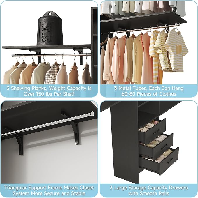 8FT Closet System, 96'' Closet Organizer System with 3 Hanging Rods, Wall Mount Bedroom Wardrobe with 3 Drawers Walk-in Closet, Adjustable Cloth Garment Rack from 5 to 8FT (Cut to Fit), Black