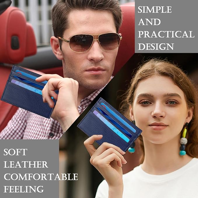WOXVM Credit Card Holder Wallet RFID Blocking Slim Credit Card Cases Holder Premium Leather Minimalist Front Pocket Small Wallet with 6 Card Slots and 1 Pockets for Men Women (Navy Blue)