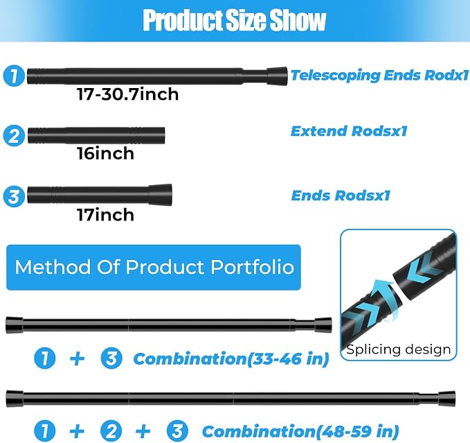 Spring Tension Curtain Rods 33-59 Inch Black 2 Pack | No-drill & tool-free setup. Fits windows, kitchens, doorways. Rust-resistant, great for light curtains.