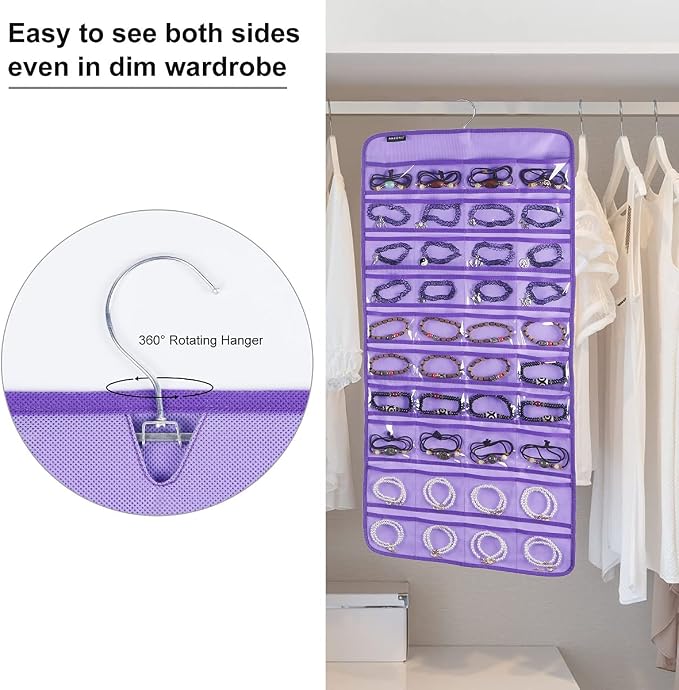 Dual-sided Hanging Jewelry Organizer with 40 Pockets and 20 Hook Loops Necklace Holder Jewelries Organizer for Earrings Bracelets Rings with 360 Degree Rotating Hanger (40 Pockets and 20 Hook Loops-Purple)