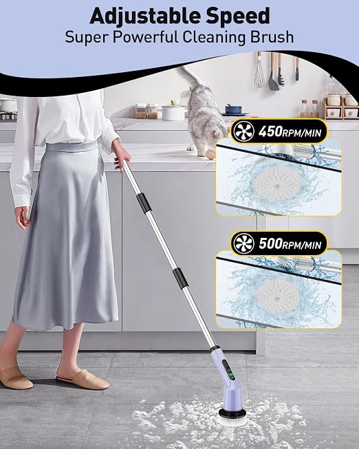 Electric Spin Scrubber for Cleaning Bathroom, Shower Scrubber Rotary Floor Brushes with IPX7 Waterproof & 2 Speed, 3 Brush Heads, Bathroom Cleaning Supplies for Shower Tub Tile Toilet Purple