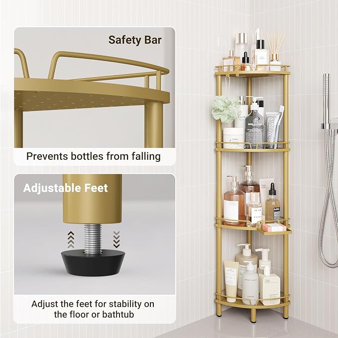 ELYKEN Corner Shower Caddy Standing, 4 Tier Rustproof Metal Shower Organizer with Soap Holder, Floor Shower Corner Shelf Rack Storage Stands with Adjustable Feet & 2 Hooks for Bathroom, Gold