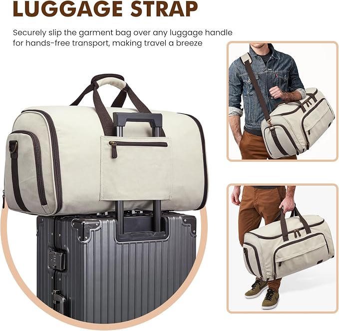 S-ZONE Garment Bag for Travel Convertible Duffle Bag Suit Bag for Men Women | 2-in-1 Hanging Suitcase, with Toiletry Bag, Wet/Dry Pockets, Shoe Compartment, Trolley Sleeve, Carry-on size, Beige