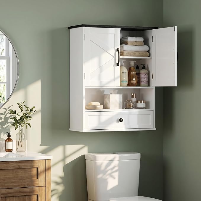 Farmhouse Bathroom Wall Cabinet, 30" x 24" Wall Mounted Storage Cabinet with Barn Door and Drawer, Over Toilet Bathroom Organizer for Bathroom, Laundry Room