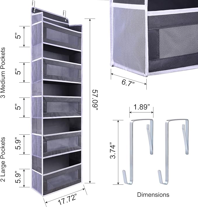 ANHUXINLEI Over The Door Organizer Storage, 5 Large Capacity Pockets & 5 Side Pockets, Anti Tilt 44 lb Load Behind Door Storage for Bedroom, Bathroom, Pantry, Nursery (Dark grey)